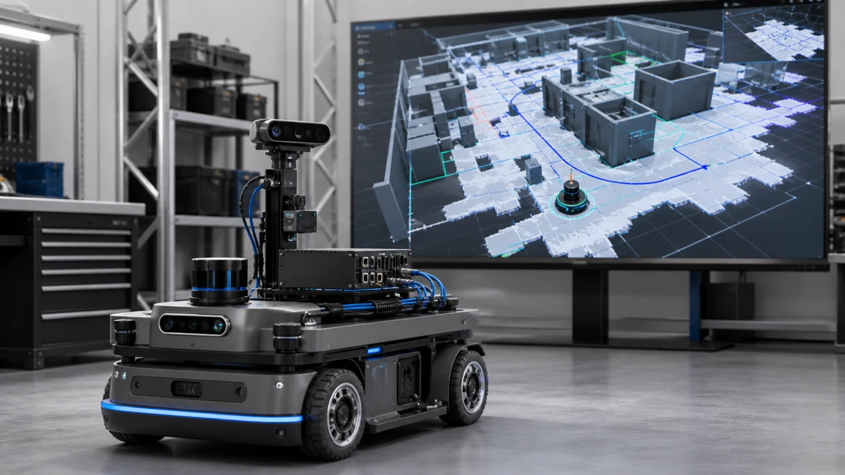 ROS 2 自主巡检 AGV 数字孪生 AI 生成方案示意